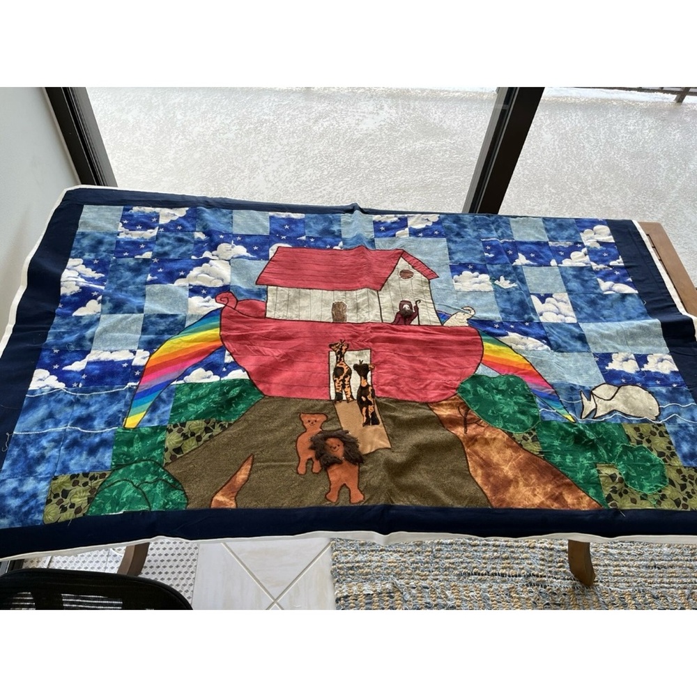 Noah’s Ark Rainbow Baby Patch Quilt Throw Lion Giraffe Elephant Handmade Vintage